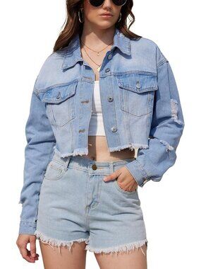 Women's Blue Cropped Jean Jacket Dressy Fashion Outfit Frayed Hem Denim Jacket